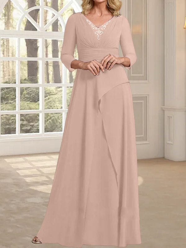A-Linien-Kleid aus Chiffon mit V-Ausschnitt, bodenlang, für die Mutter der Braut, mit plissierter Perlenstickerei
