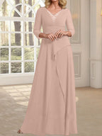A-Linien-Kleid aus Chiffon mit V-Ausschnitt, bodenlang, für die Mutter der Braut, mit plissierter Perlenstickerei