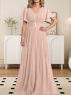 A-Linien-Chiffonkleid mit V-Ausschnitt, bodenlang, für die Mutter der Braut, mit Kristallbrosche und Falten 