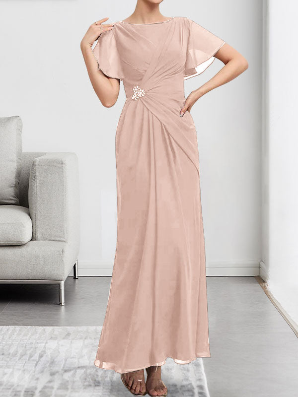Vestido de gasa para madre de la novia, corte A, escote redondo, largo hasta los tobillos, con cuentas y pliegues