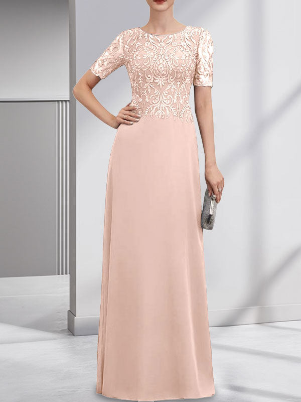 A-Linien-Kleid aus Chiffon mit Pailletten und Rundhalsausschnitt, bodenlang, für die Mutter der Braut