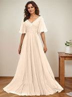 A-Linien-Kleid aus Chiffon mit V-Ausschnitt, bodenlang, mit Paillettenapplikationen, Spitze und Falten für die Mutter der Braut 