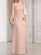 Etui-/Säulen-Chiffonkleid in Bodenlänge für die Mutter der Braut mit plissierter Perlenstickerei