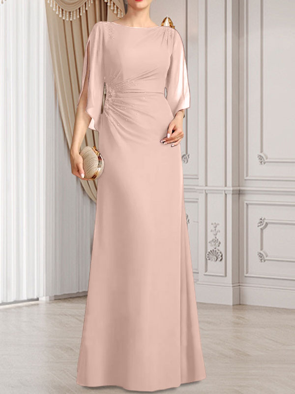 Etui-/Säulen-Chiffonkleid in Bodenlänge für die Mutter der Braut mit plissierter Perlenstickerei
