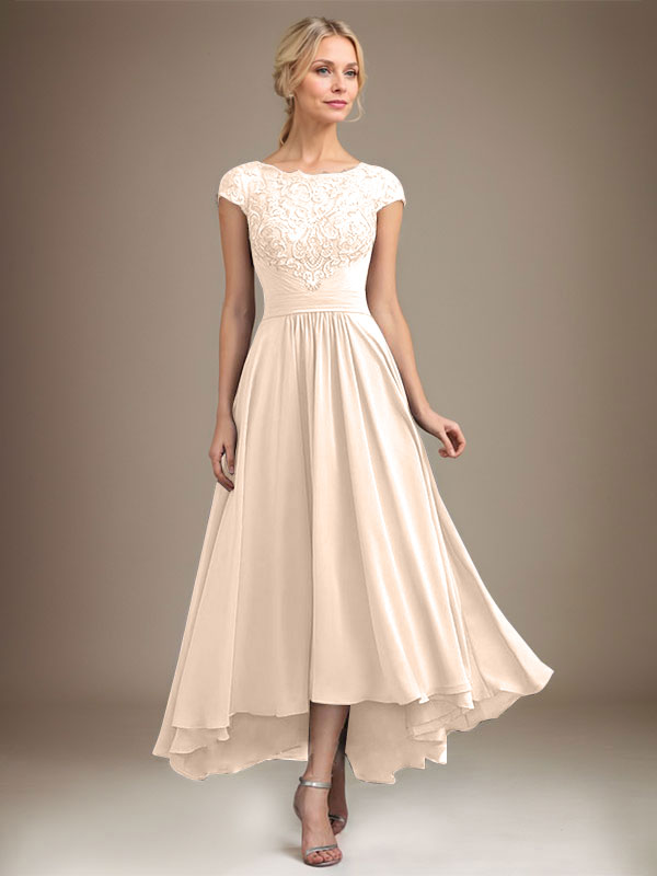 A-Linien-Kleid aus Chiffon mit asymmetrischem, plissiertem Spitzeneinsatz und Illusion-Ausschnitt für die Mutter der Braut 
