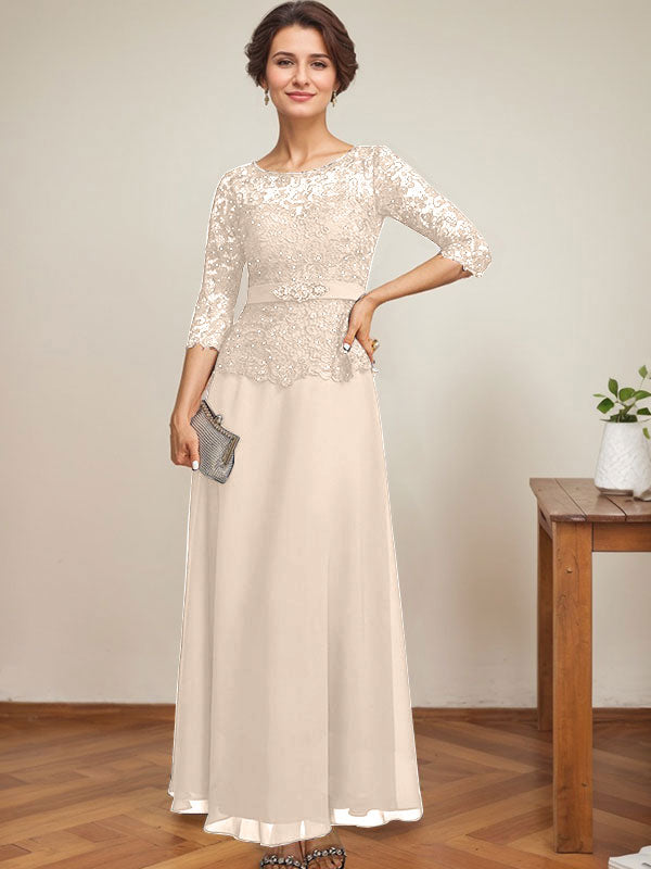 A-Linien-Kleid mit U-Boot-Ausschnitt, Illusion-Detail, knöchellang, aus Chiffon und Spitze mit Strassperlen für die Mutter der Braut. 