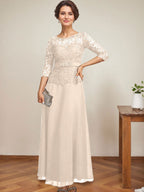 A-Linien-Kleid mit U-Boot-Ausschnitt, Illusion-Detail, knöchellang, aus Chiffon und Spitze mit Strassperlen für die Mutter der Braut. 