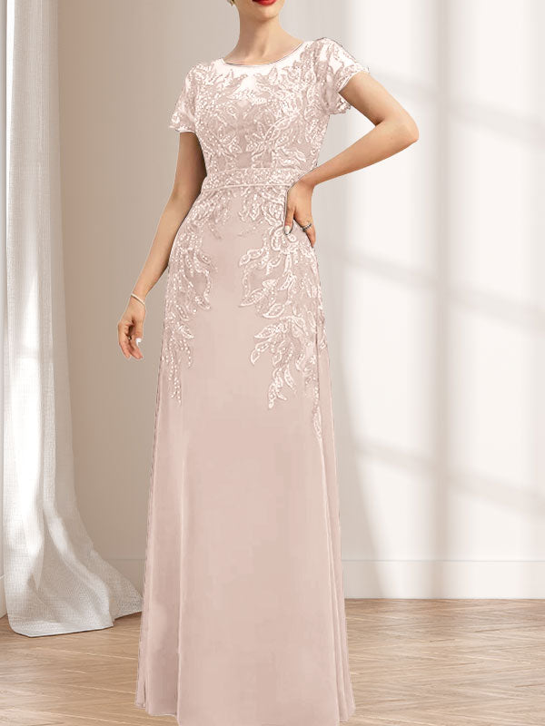 Etuikleid/Säulenkleid mit Illusion-Ausschnitt, bodenlang, aus Chiffon und Spitze mit Pailletten für die Mutter der Braut