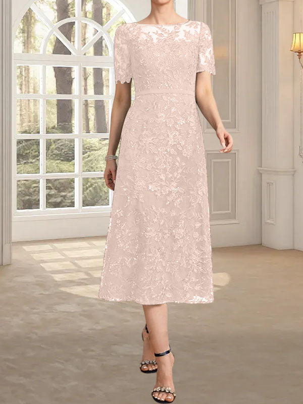 Vestido de encaje para madre de la novia con lentejuelas, corte A, escote ilusión, largo hasta la rodilla