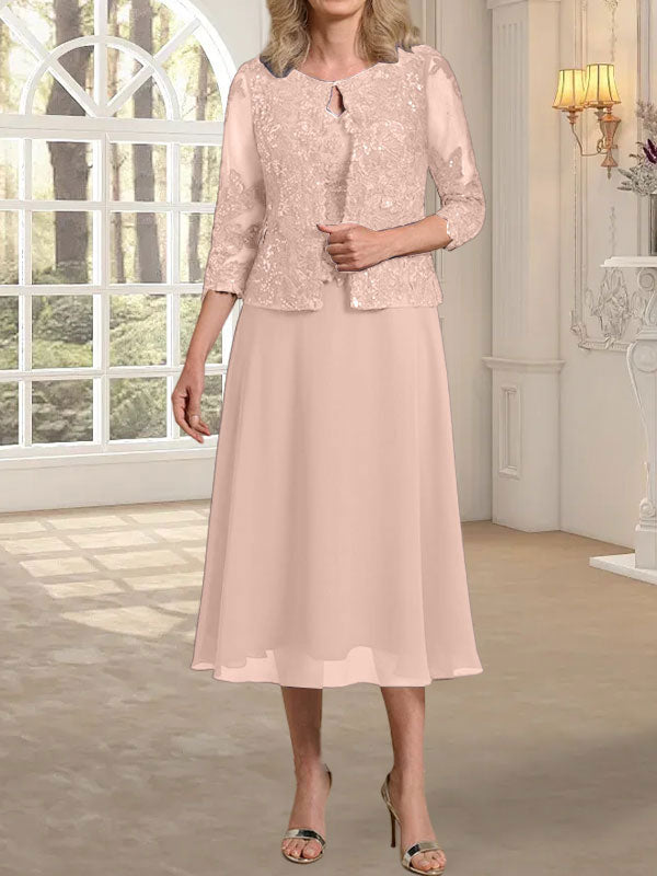 Vestido de gasa con encaje y lentejuelas para madre de la novia, corte A, escote redondo y largo hasta la rodilla 