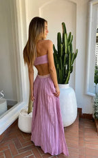 Rosafarbene Maxikleider für Abschlussball und Strandparty mit trägerlosem Twist-Ausschnitt, Taillenausschnitt und Faltenrock für Abiball und Strandparty
