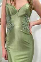 Vestidos de fiesta de sirena con espalda abierta de satén con apliques de encaje