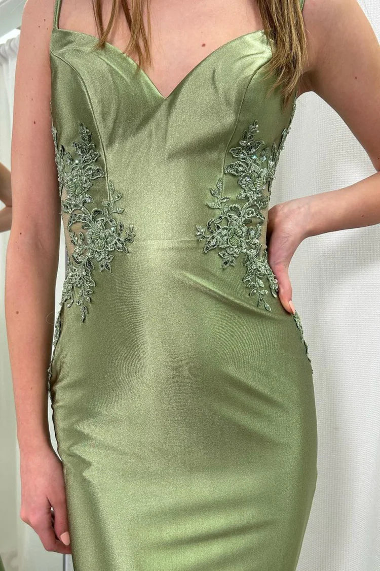 Vestidos de fiesta de sirena con espalda abierta de satén con apliques de encaje
