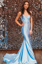 Vestidos de fiesta de sirena con espalda abierta de satén con apliques de encaje