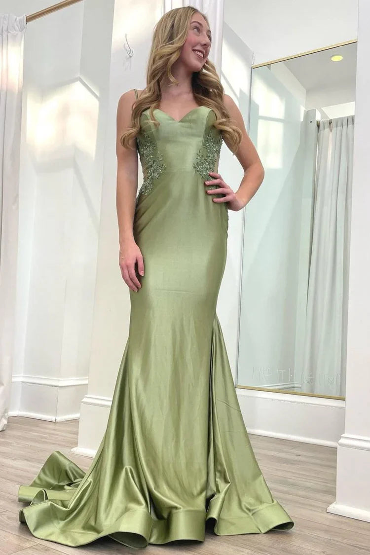 Vestidos de fiesta de sirena con espalda abierta de satén con apliques de encaje