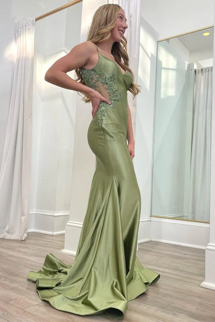 Vestidos de fiesta de sirena con espalda abierta de satén con apliques de encaje