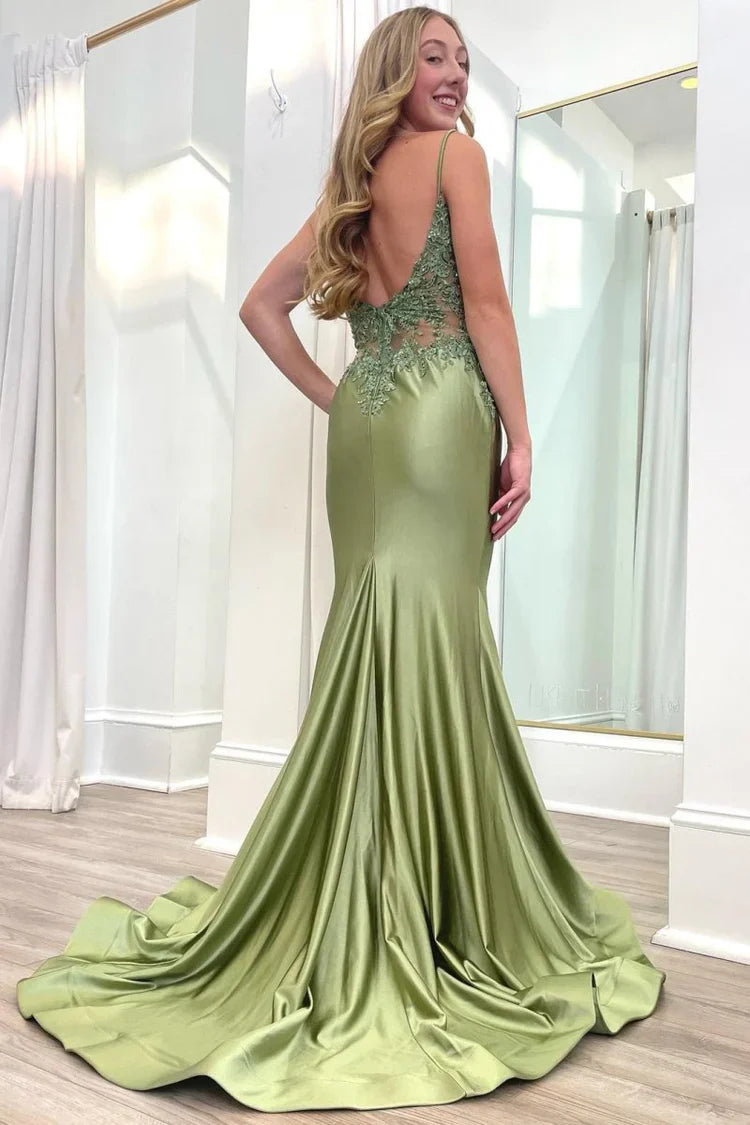 Vestidos de fiesta de sirena con espalda abierta de satén con apliques de encaje