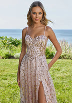 Blush Sage Sequin Tulle Maxi Prom Dresses with Thin Straps Sweetheart Neck High Slit Sweep Train for Prom and Destination Wedding