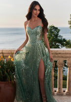 Blush Sage Sequin Tulle Maxi Prom Dresses with Thin Straps Sweetheart Neck High Slit Sweep Train for Prom and Destination Wedding