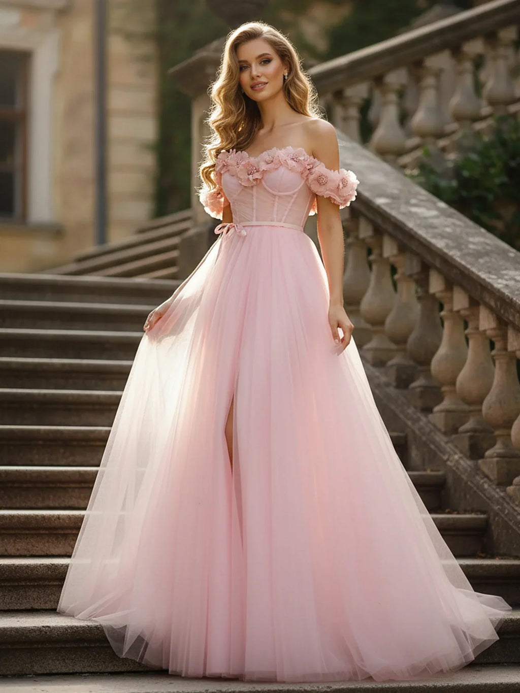 Vestidos de fiesta largos de tul ruborizado con hombros descubiertos, apliques florales 3D, corpiño tipo corsé y abertura alta para bailes de graduación y bodas en el jardín.