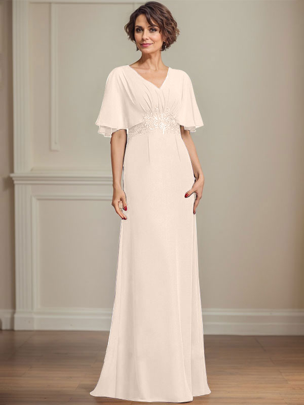 A-Linien-Kleid aus Chiffon mit V-Ausschnitt, bodenlang, für die Mutter der Braut, mit plissierten Paillettenapplikationen und Spitze