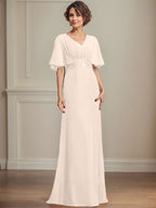 A-Linien-Kleid aus Chiffon mit V-Ausschnitt, bodenlang, für die Mutter der Braut, mit plissierten Paillettenapplikationen und Spitze