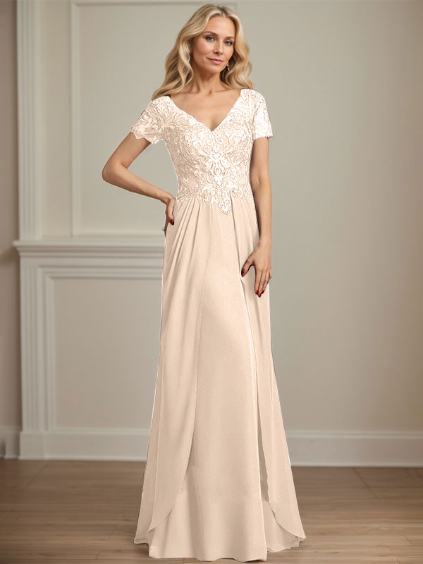 Vestido de gasa con encaje y escote en V hasta el suelo para madre de la novia