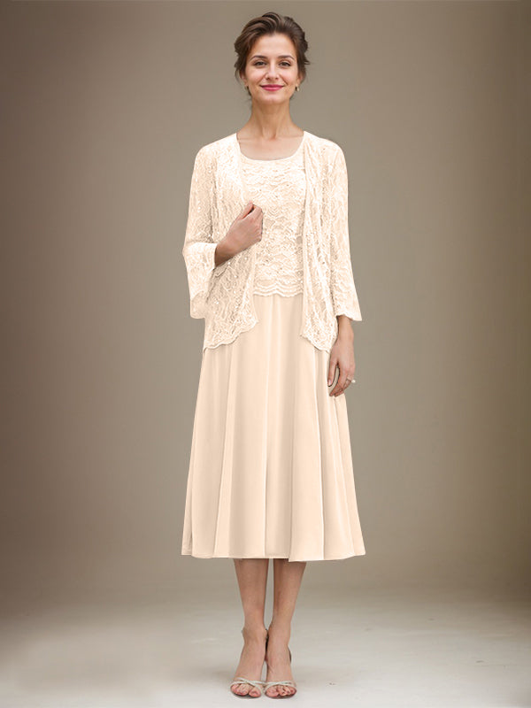 Vestido de gasa con encaje y lentejuelas para madre de la novia, corte A, escote redondo y largo hasta la rodilla 