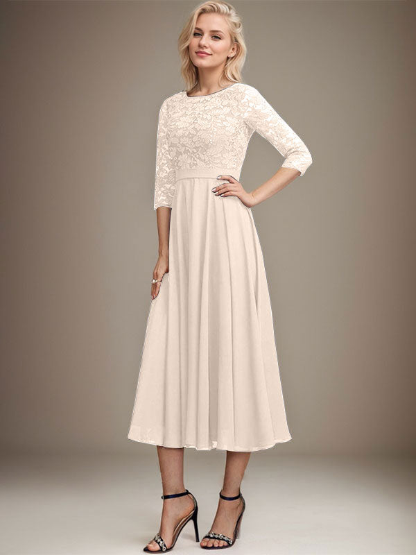 A-Linien-Kleid mit Rundhalsausschnitt, Teelänge, Spitze, Chiffon, Pailletten, für die Mutter der Braut