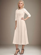 A-Linien-Kleid mit Rundhalsausschnitt, Teelänge, Spitze, Chiffon, Pailletten, für die Mutter der Braut