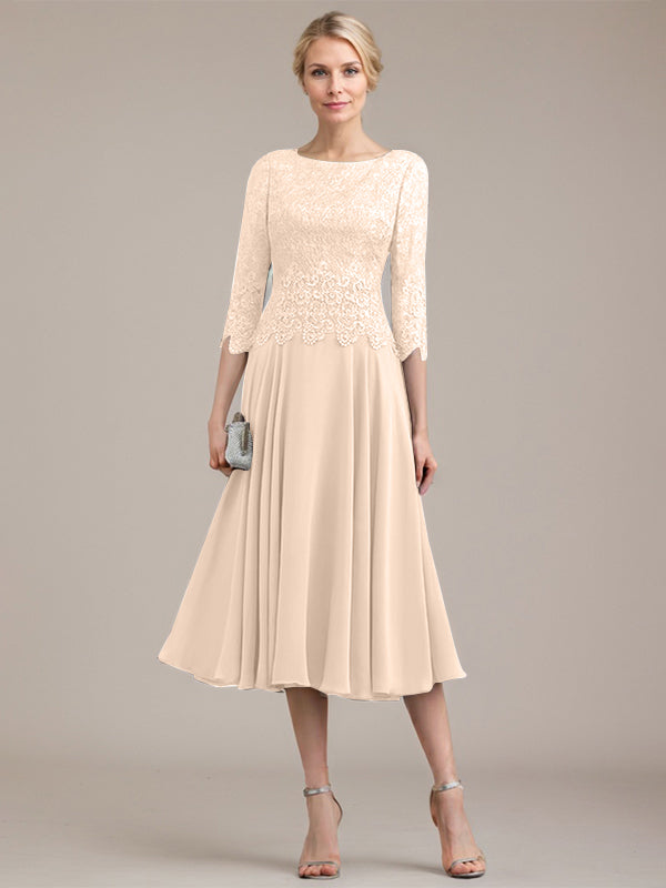 A-Linien-Kleid aus Chiffon mit Rundhalsausschnitt und Teelänge für die Mutter der Braut 