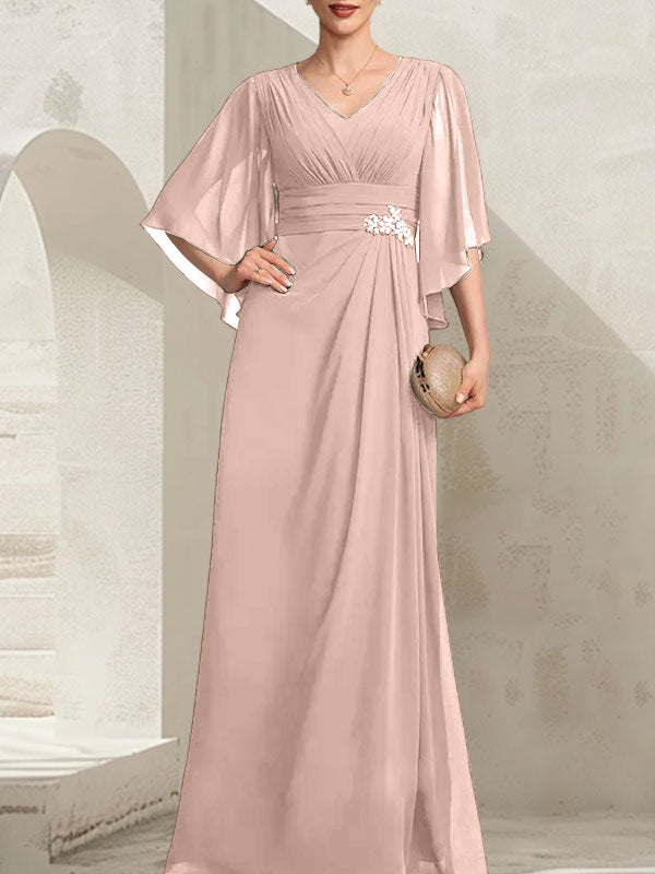 Vestido de gasa para madre de la novia, con escote en V, largo hasta el suelo, con lentejuelas plisadas y abalorios.