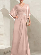 Vestido de gasa para madre de la novia, con escote en V, largo hasta el suelo, con lentejuelas plisadas y abalorios.