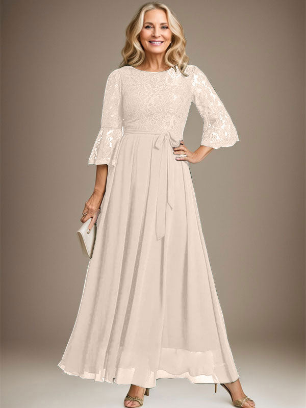 Vestido de gasa con encaje y lazo para madre de la novia, corte A, escote redondo hasta los tobillos
