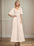 A-Linien-Chiffonkleid mit V-Ausschnitt, Knöchellänge, plissierten Pailletten und Perlenstickerei für die Mutter der Braut