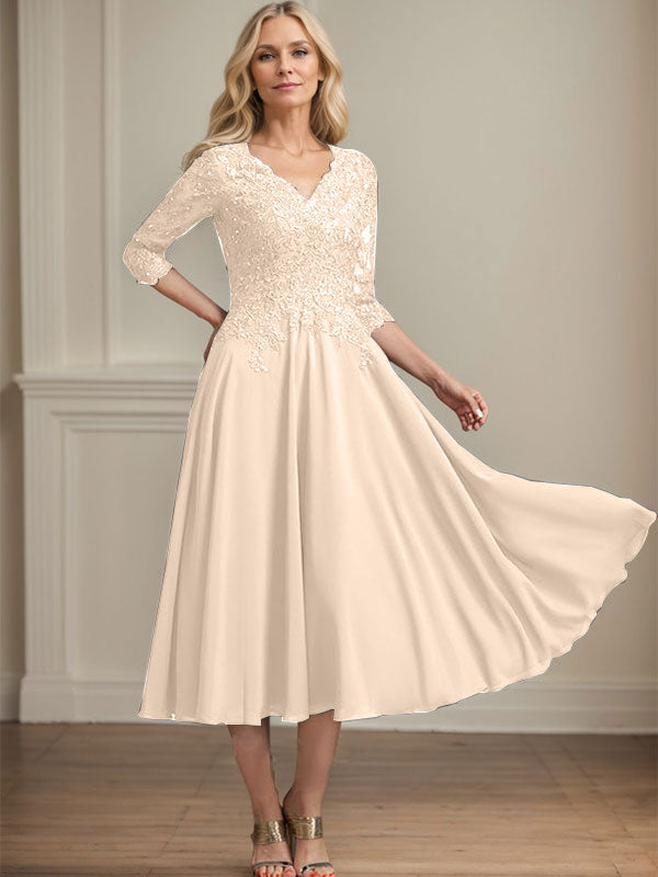 Vestido de gasa con encaje y escote en V, largo hasta la rodilla, para madre de la novia, con lentejuelas y abalorios 