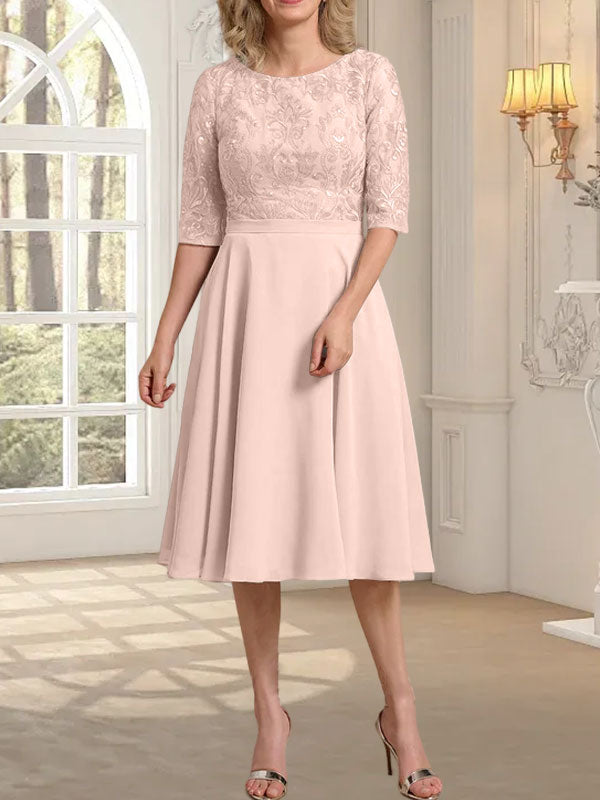 Vestido de gasa con encaje y escote redondo hasta la rodilla para madre de la novia