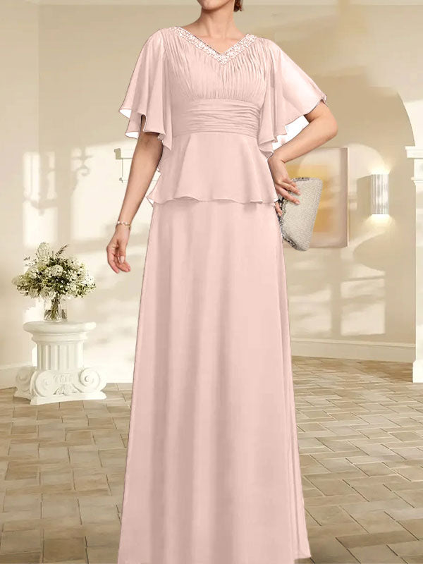 Vestido de gasa para madre de la novia, corte A, escote en V, largo hasta el suelo, con cuentas plisadas