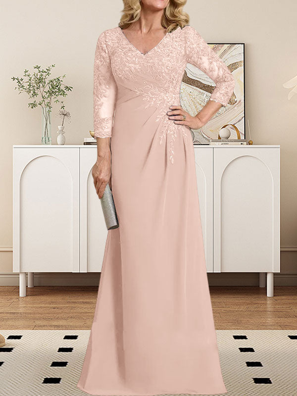 Etuikleid/Säulenkleid mit V-Ausschnitt, Illusion-Detail, bodenlang, aus Chiffonspitze und plissierten Pailletten für die Mutter der Braut 
