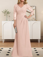 Etuikleid/Säulenkleid mit V-Ausschnitt, Illusion-Detail, bodenlang, aus Chiffonspitze und plissierten Pailletten für die Mutter der Braut 