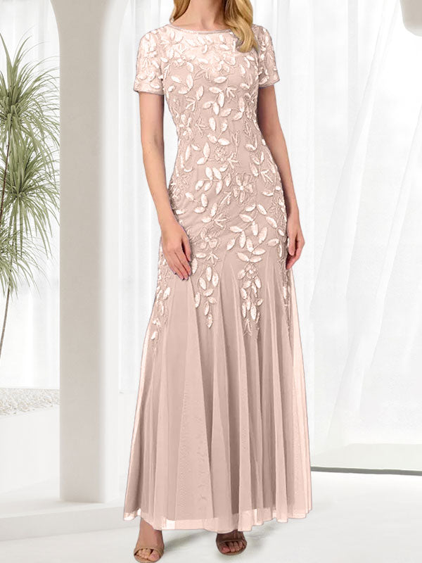 Vestido largo de sirena azul con cuello redondo para madre de la novia con abalorios