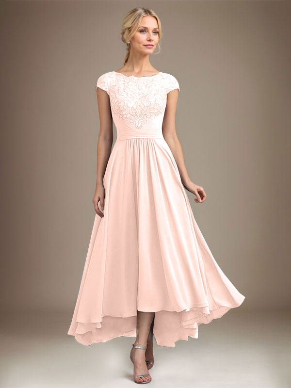 A-Linien-Kleid aus Chiffon mit asymmetrischem, plissiertem Spitzeneinsatz und Illusion-Ausschnitt für die Mutter der Braut 