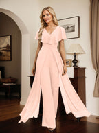 Jumpsuit/Hosenanzug, bodenlanges Chiffon-Abendkleid mit V-Ausschnitt