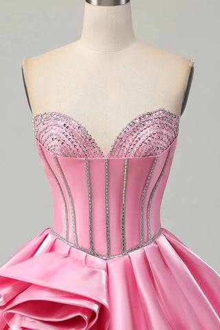 Bodycon Sweetheart Satin Corset Pink Homecoming Dress with Beading