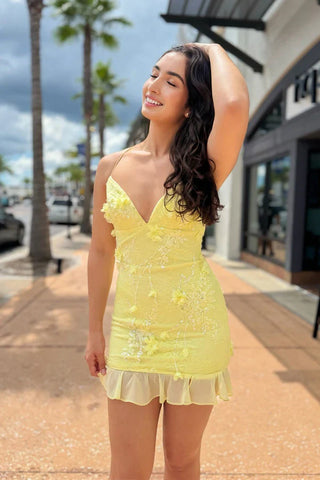 Bodycon V Neck Yellow Flowers Homecoming Dress Party Dress