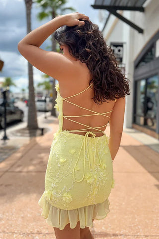 Bodycon V Neck Yellow Flowers Homecoming Dress Party Dress