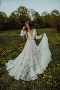 Lace A-line V-neck Long Sleeves Wedding Dresses, Bridal Dress