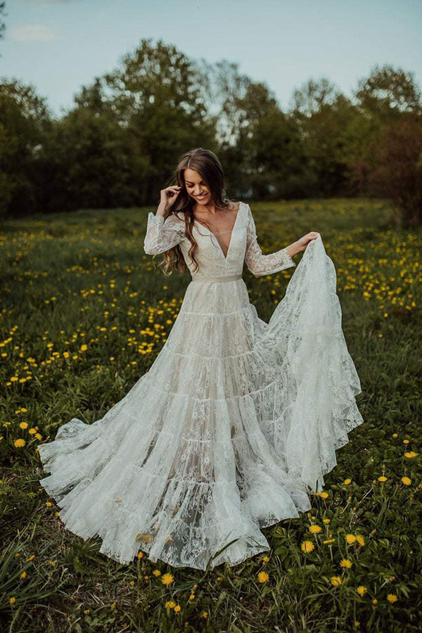 Lace A-line V-neck Long Sleeves Wedding Dresses, Bridal Dress
