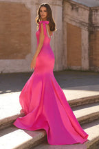 Bow Strap Square Neck Crystal Embellished Satin Mermaid Cathedral Train Prom Dresses