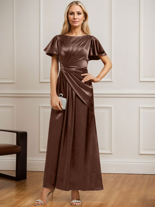 Vestido de madre de la novia de satén elástico con escote redondo y largo hasta los tobillos, corte en A y cuentas plisadas 